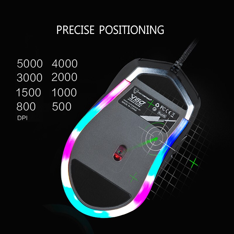 Motospeed  v60 rgb gaming muis voor gamers, programmeren, 5000 dpi usb computer, 7- knops optische muis met achtergrondverlichting, breathe led voor pc-laptop