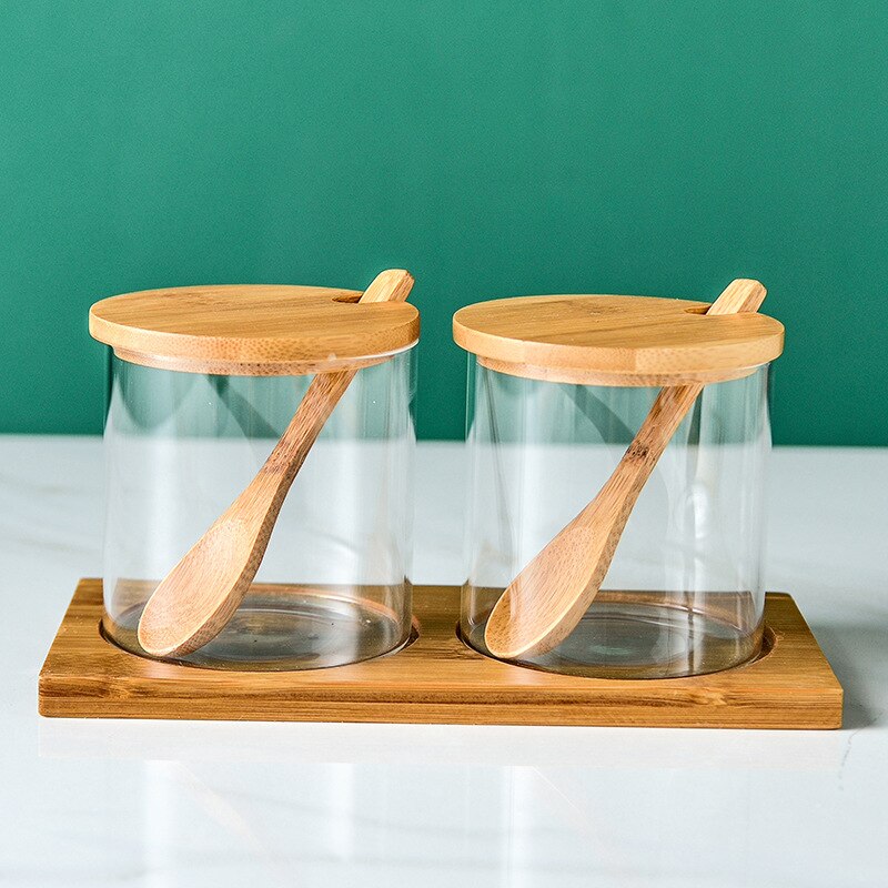 3 stk sett glass oppbevaringskrukke salt godteri kaker te kaffebønner arrangør flaske trelokk beholder krydder frokostblanding: B