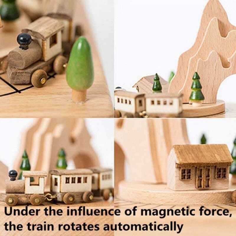 Wooden Musical Box Featuring Mountain Tunnel With Small Moving Magnetic Train | Plays