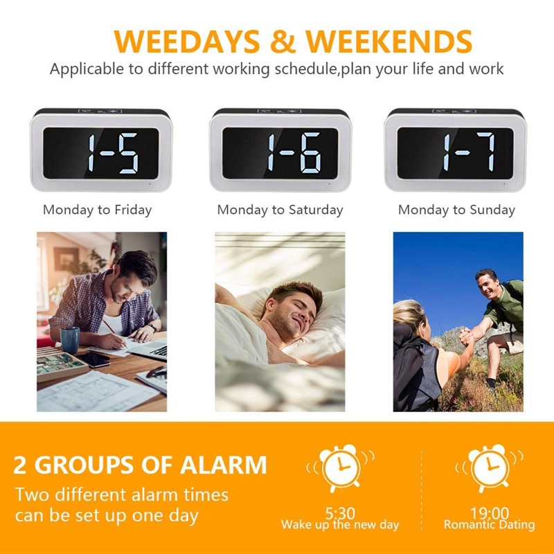 -Music Alarm Clock, Digital Clock for Bedroom with Dimmer, Snooze,USB Rechargeable Clock with Dual Alarm, Smart Press Backlig