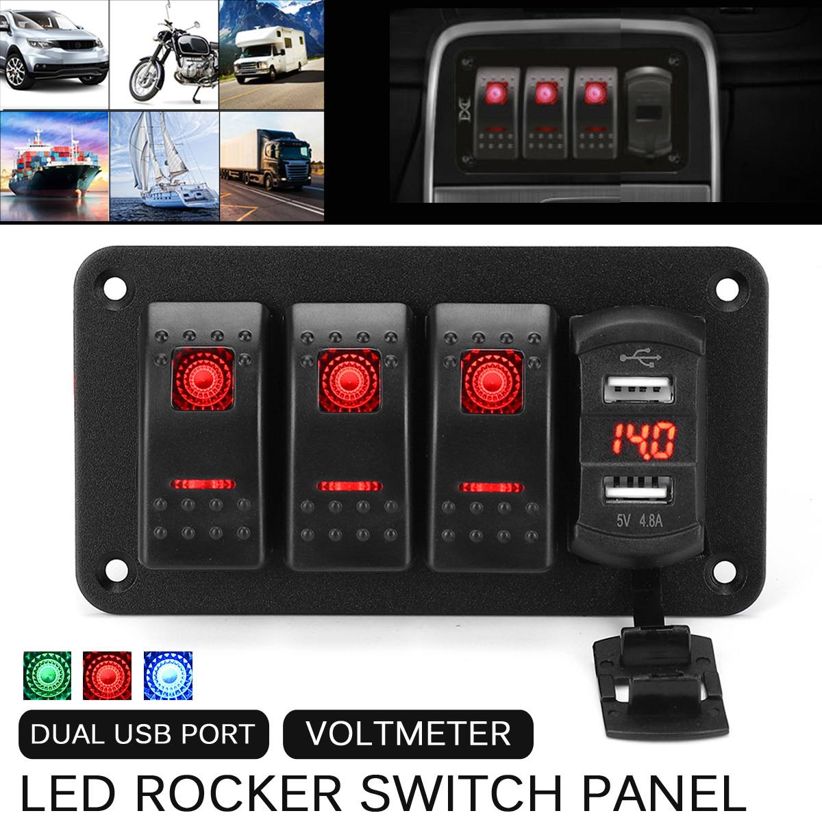 4 Gang LED Rocker Switch Panel Digital Voltmeter Dual USB Port 12V / 24V Outlet Combination Waterproof Car Marine Boat