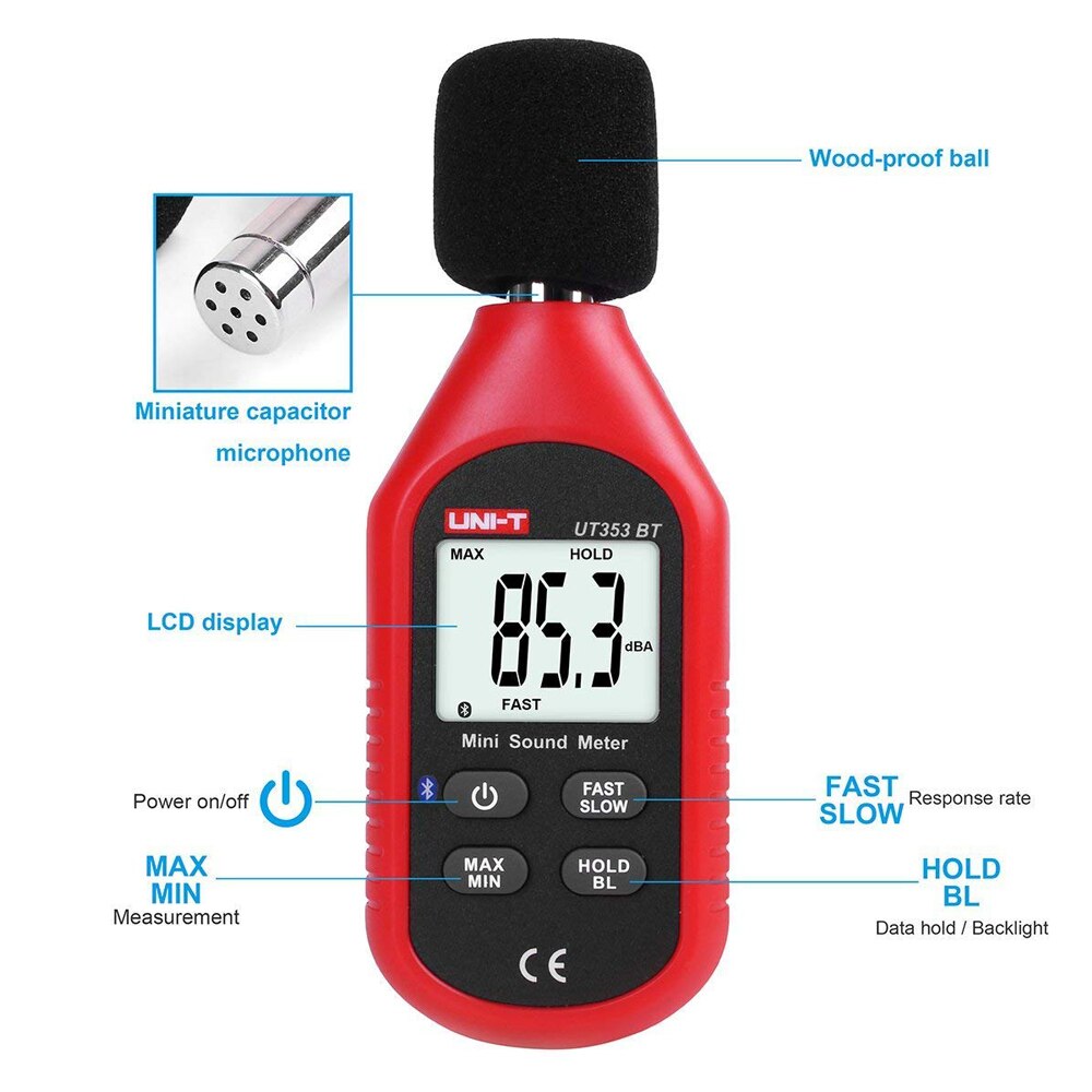 UNI-T UT353BT Mini Bluetooth Digital Noise Meter 30-130dba DB Monitoring Sound Level Meter Backlit LCD Display