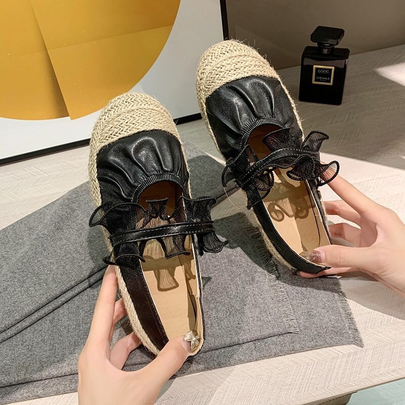 Hemp knitted cover toe flats pleated ballet shoes women preppy patchwork loafers lacework elastic band ballerina espadrilles 42