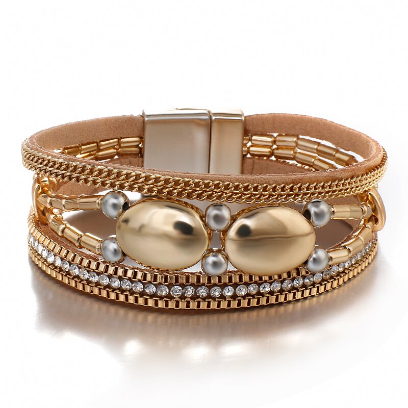 Allyes Leuke Kralen Metal Lederen Armbanden Voor Vrouwen Mode Goud Kleur Punk Wrap Armband Vrouwelijke Sieraden: gold