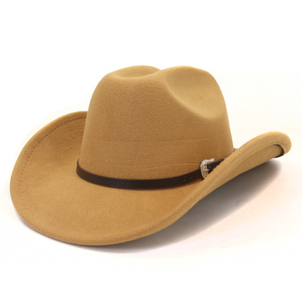Chapéu de vaqueiro ocidental vintage masculino com cinto, aba enrolada, boné de igreja de jazz, novo, inverno, outono: CAMEL