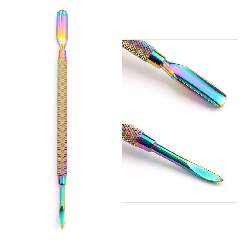 Tweekoppige Nail Art Dode Huid Push Cuticle Verwijderen Nagelvijl Rvs Push Voetverzorging Pedicure Gereedschap: Rainbow 02