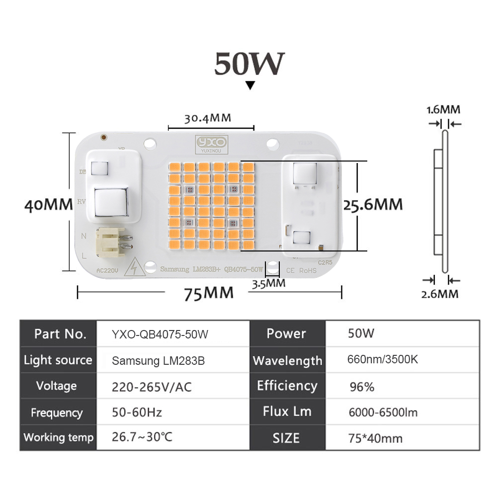 YXO Hydroponice AC 220V 20w 30w 50w Dob Cob LED Grow Light Chip Full Spectrum 380nm-780nm For Indoor Plant Seedling Grow Flower: Burgundy