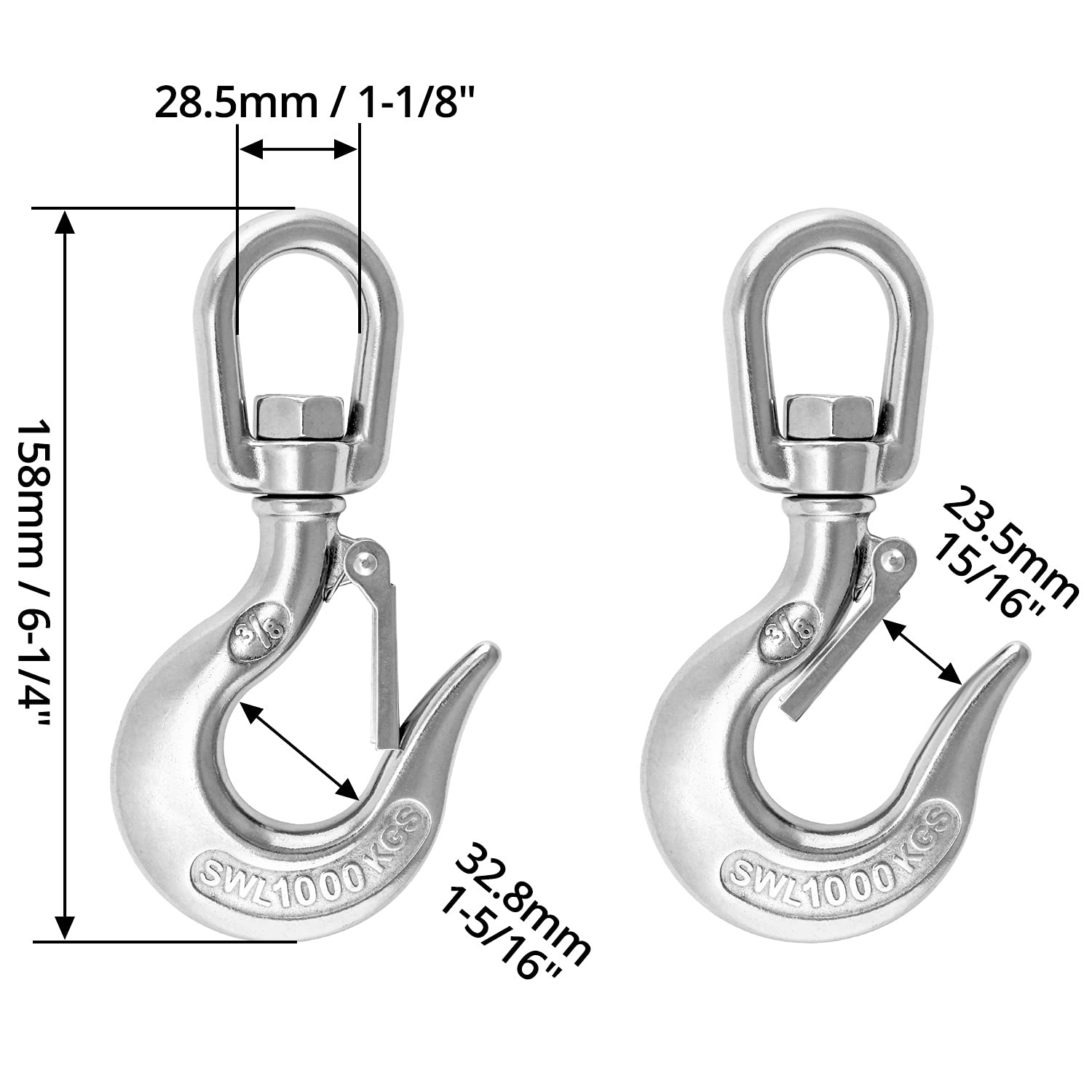 Crane Swivel Hook 304 Stainless Steel Swivel Lifting Clevis Chain Hook with Safety Latch 2000lb