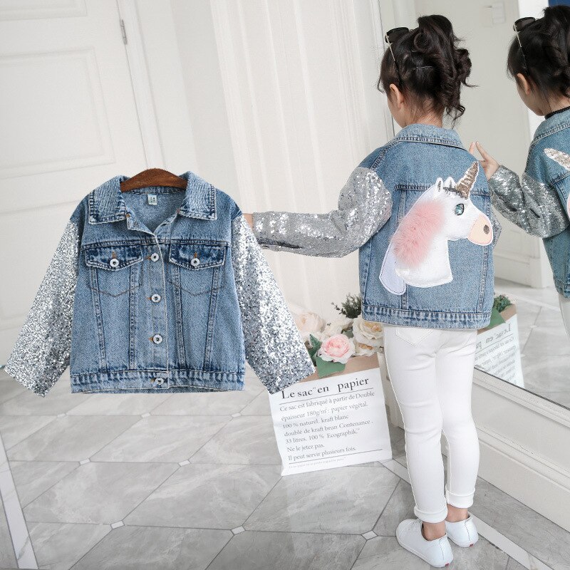 Eenhoorn Meisjes Jassen Sequin Cowboy Stijl Tieners Bovenkleding Borduurwerk Mode Meisjes Jas Kinderkleding Kids Jean Jas