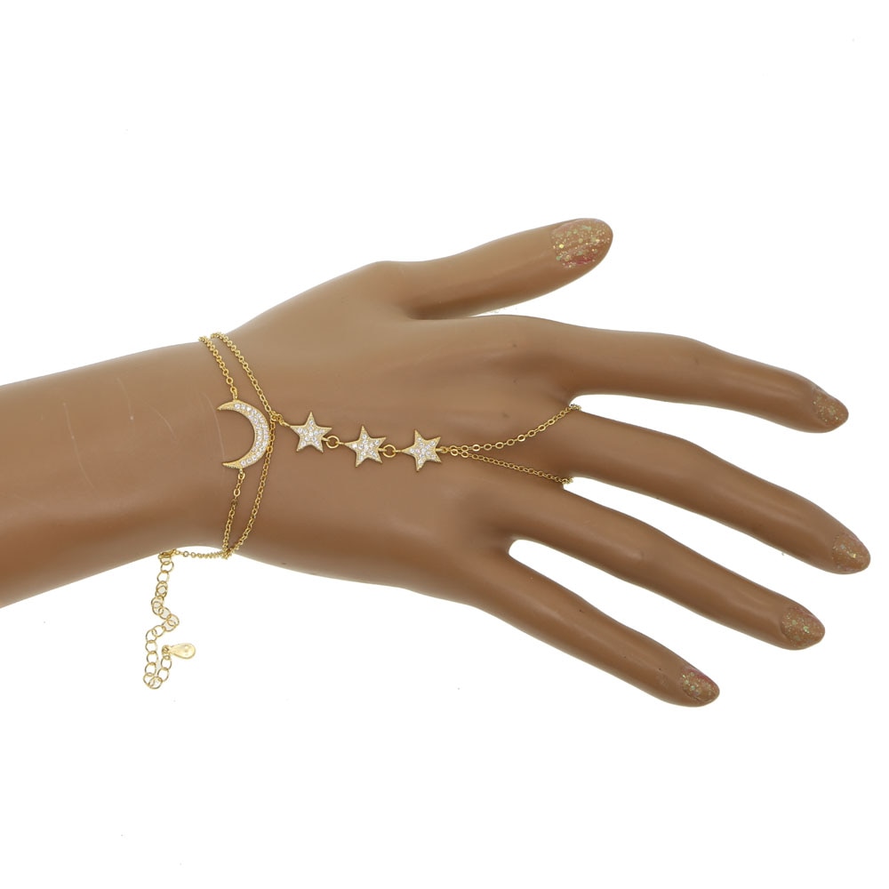 Trendy cz Crystal Stars moon Slave Chain Bracelet for lady Finger Hand Adjustable gold Chain real 925 fine silver delicate