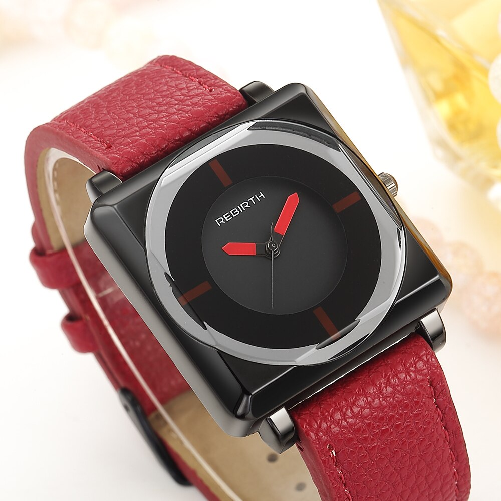 Reloj REBIRTH para mujer, relojes cuadrados de pulsera para mujer de la mejor , relojes de pulsera de cristal de cuero contraído, relojes de pulsera de cuarzo para mujer, reloj relog