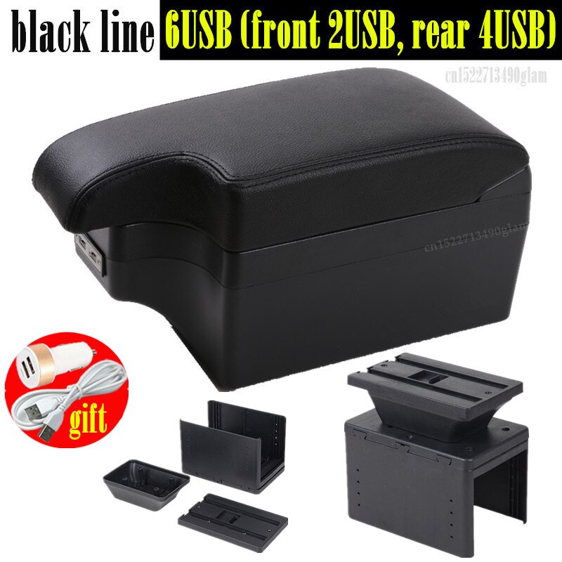 Universal Car Armrest central Universal model armrest box car accessories storage box modification Retrofit parts with USB LED: Full set black line
