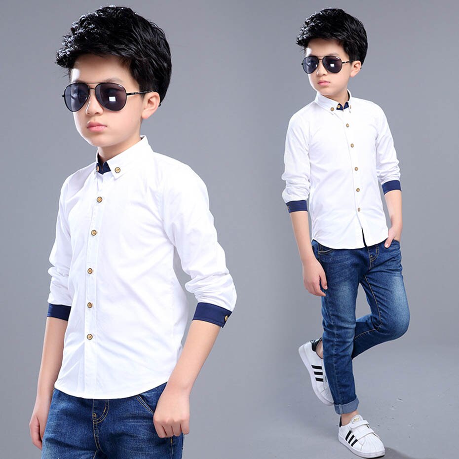 Knappe Jongens Shirts Effen Wit Shirt Voor Jongens Lange Mouw Tiener Jongens Kleding Mode Lente School Shirt Jongens 6 8 10 12 14