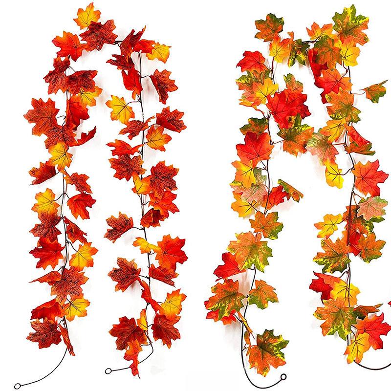 2 Pcs Autumn Maple Leaves Garland Fall Hanging Plant for Home Garden Wall Doorway Backdrop Fireplace Decoration