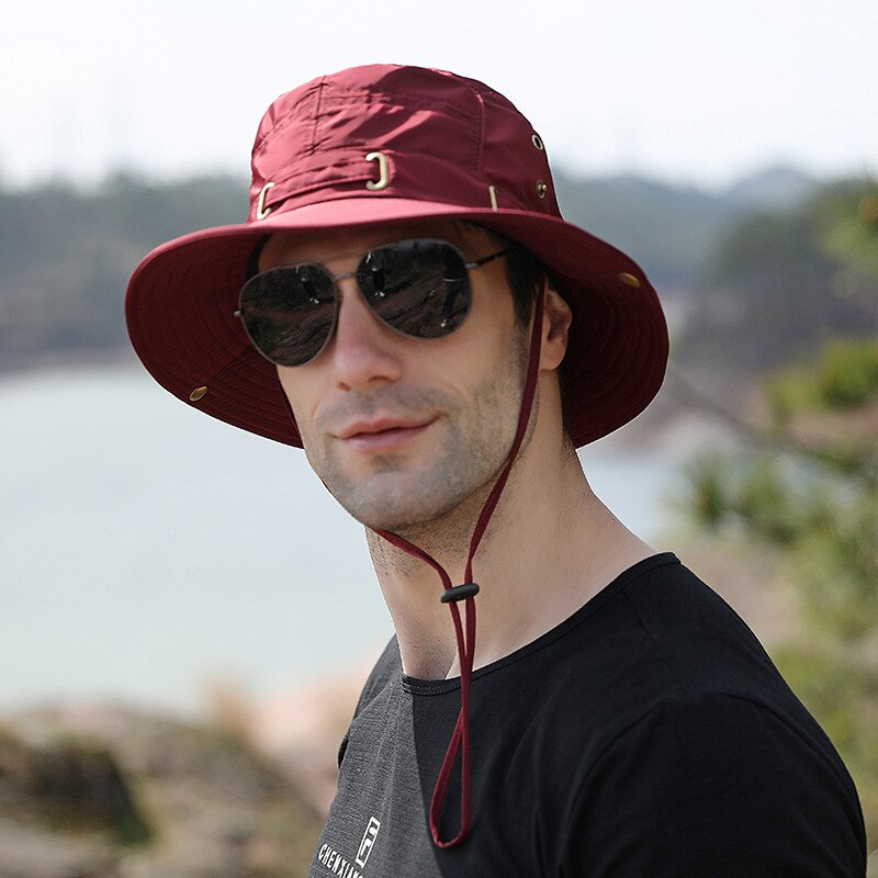 Sombrero de pesca para montañismo al aire libre para hombre, gorra de cubo de secado rápido, plegable, de rana, protección solar: Wine Red