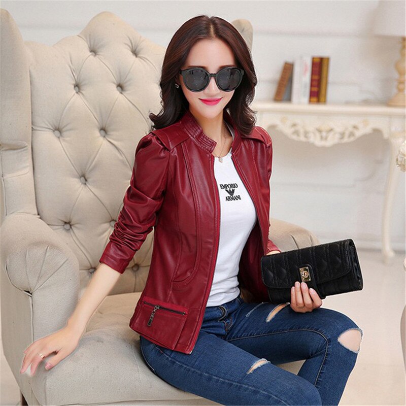 Chaqueta de piel sintética para mujer, abrigo ajustado de talla grande, rojo vino, negro, Coreano corto, para moto, LD1298, primavera y otoño,