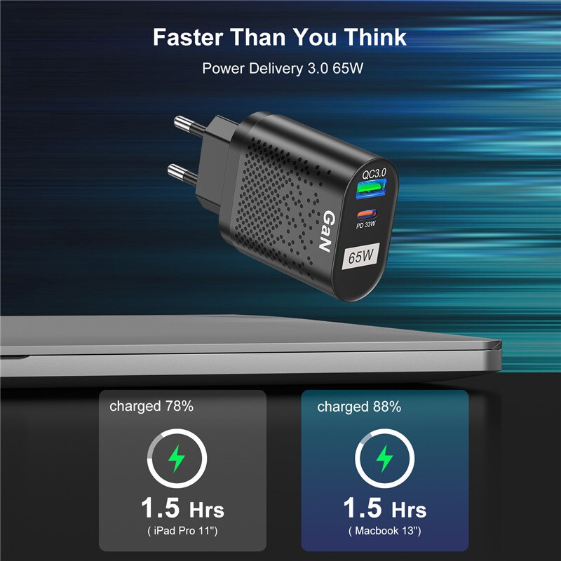 USLION PD 65W GaN ładowarka szybka ładowarka typu C PD ładowarka USB z QC 3.0 przenośna szybka ładowarka do laptopa iPhone 13 Pro Xiaomi