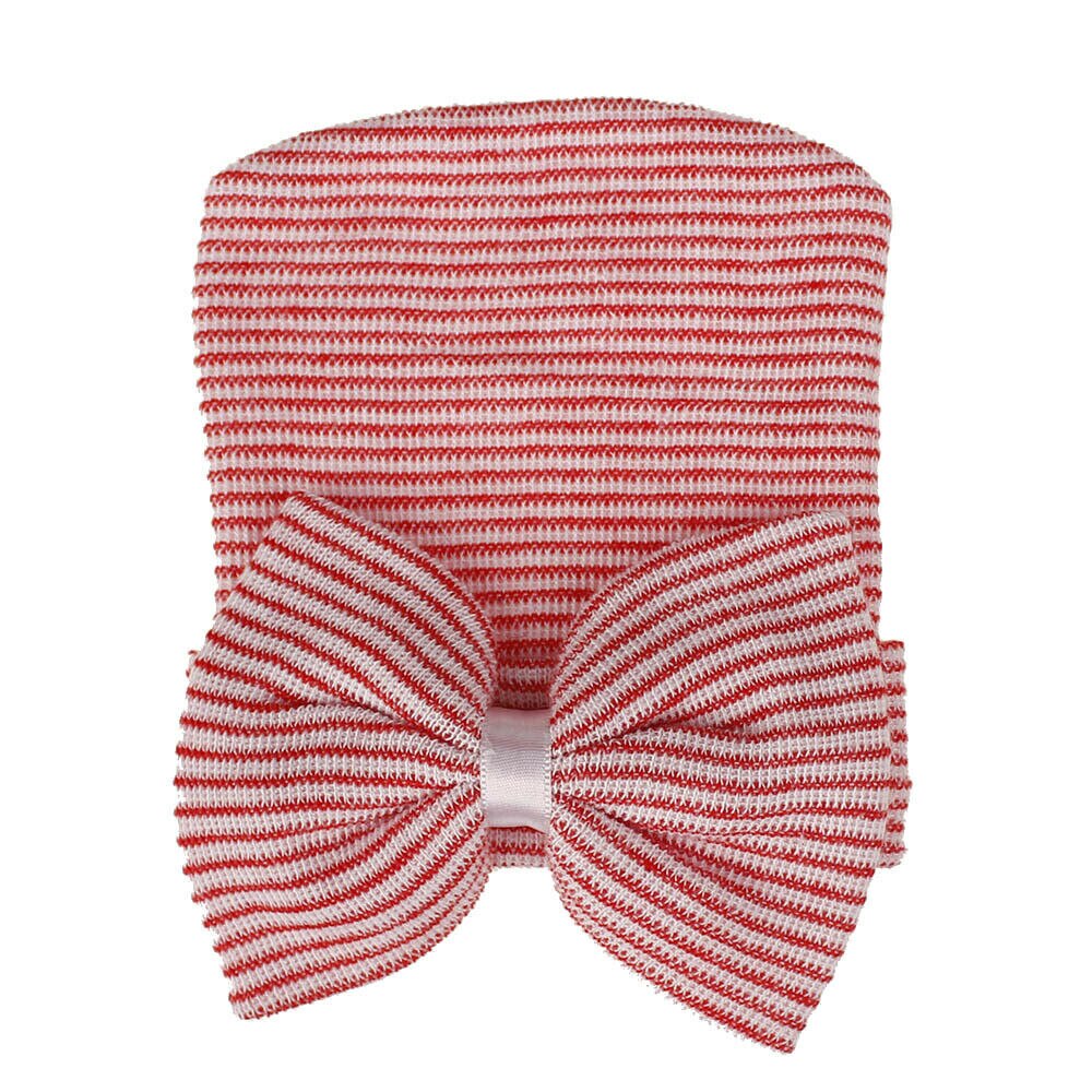 Bonnet à nœud papillon pour bébé unisexe, accessoires pour -né, confortable, à rayures, doux et , pour hôpital,: Rouge