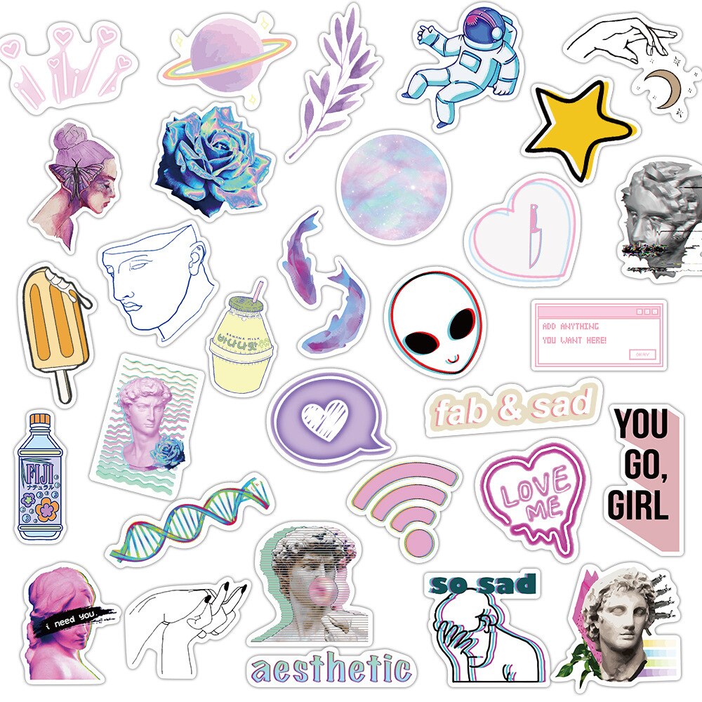 50pcs Vaporwave Art Style Sticker for Laptop Computer Skateboard Luggage Refrigerator Notebook Helmet Toy Cartoon Stickers