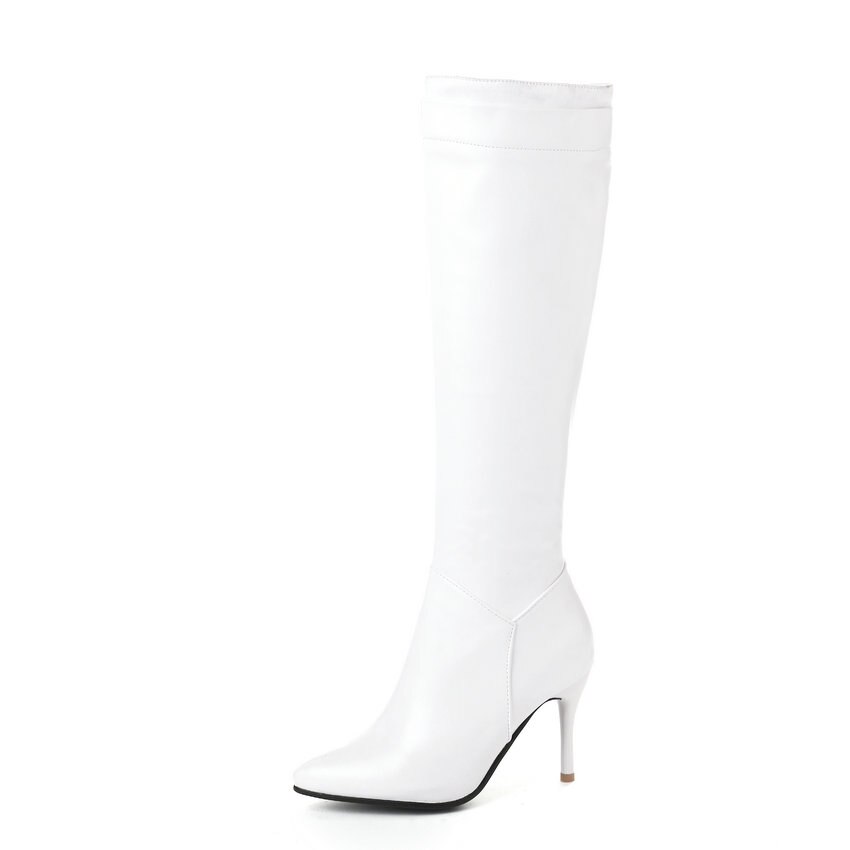 Qutaa naisten yli polven saappaat pu nahka naisten kengät ohut korkokengät vetoketju naisten saappaat iso koko 34-43: Valkoinen / 3