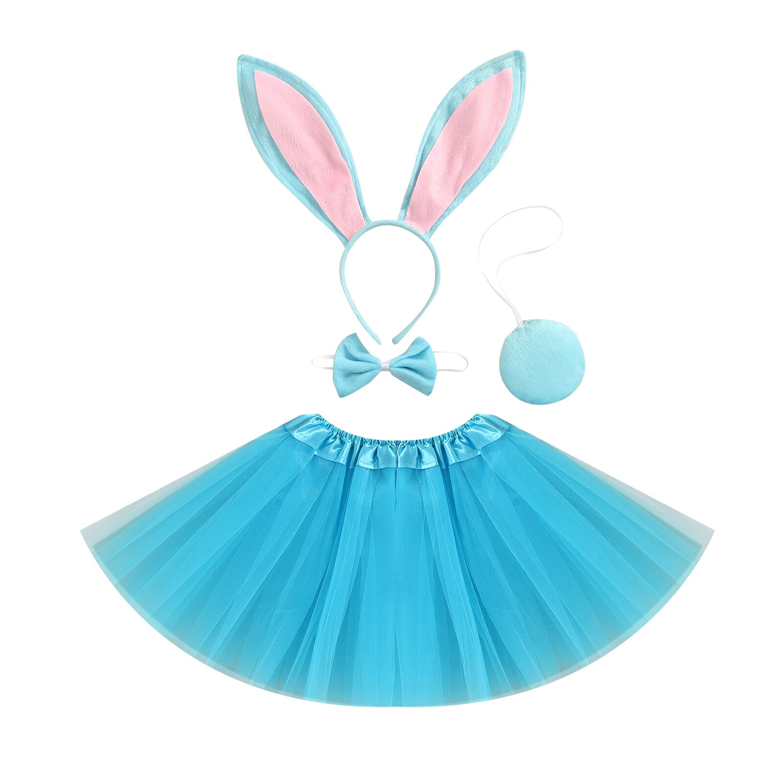 Vestiti per la fotografia della neonata del bambino, fascia per capelli coniglietto pasquale + papillon + coda + gonna in Tulle multistrato 0-3T: Blu