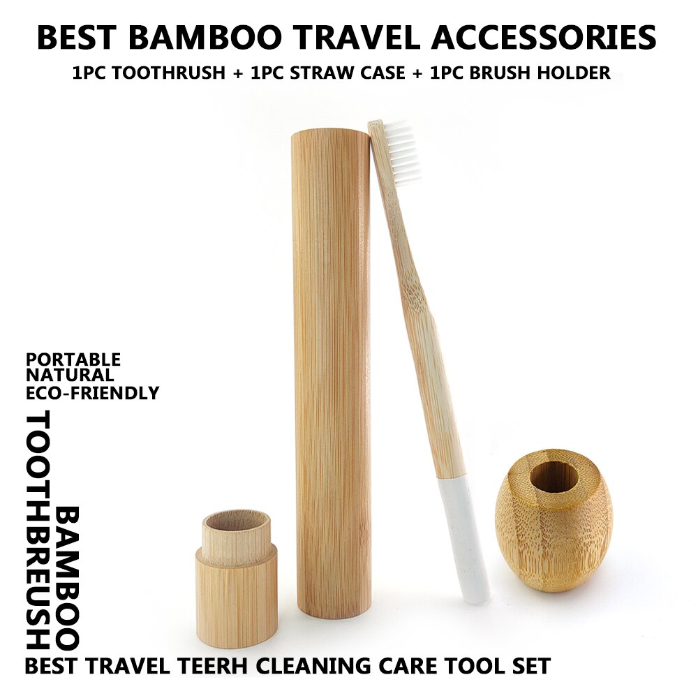 Colorful Column Bamboo Toothbrush Top Flat Portable Travel Set with Bamboo Tube Bamboo Case Natural Wooden Toothbrush Holder: White
