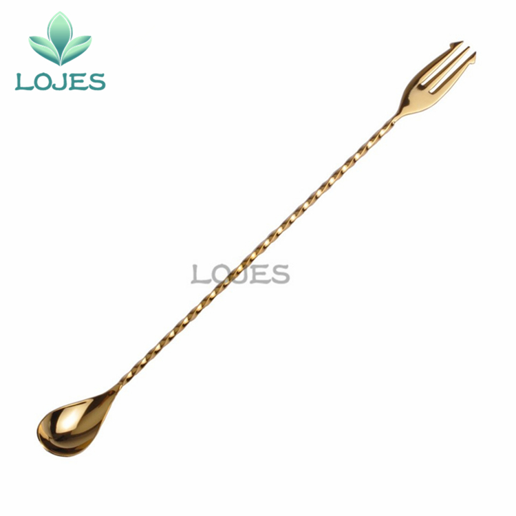 400mm Cocktail Bar Spoon 304 Stainless Steel Bar Spoon With Fork Twisted Mixing Stir Spoon Bar Tool: Gold Plated