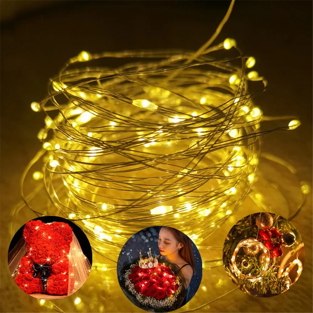 10/5M LED-kerstverlichting op batterijen Koperdraad Garland Lichtslingers Outdoor Garden Party Wedding Lights Christmas Decor