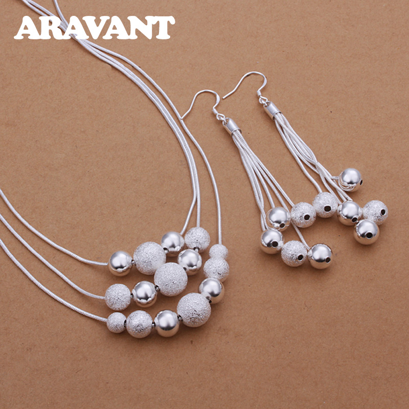 925 silber Schmuck setzt 3 Schicht Peeling & Glatte Perlen Schlange Kette Halskette Ohrringe Für Frauen Hochzeit