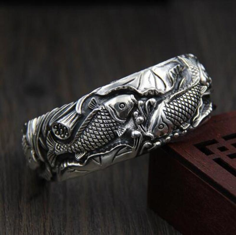 Vintage Zilveren Kleur Karper Open Manchet Bangle Unisex Prachtig Gesneden Mode Armband