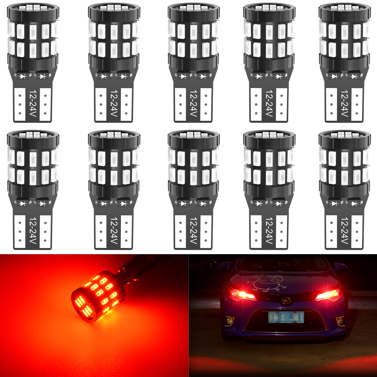 10 Uds T10 W5W bombillas Base de enchufe 194 168 LED luces de estacionamiento de lectura Interior de coche LED Canbus blanco rojo azul naranja: Rojo