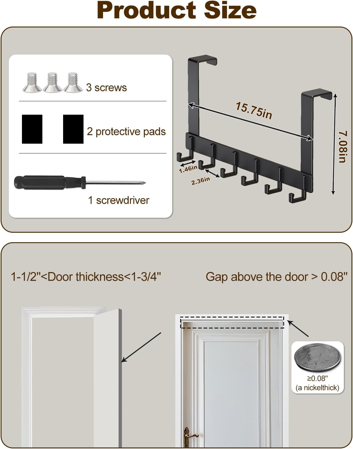 Över dörrkrokar, robust dörrhängare, kraftig att installera för badrum, sovrum, kök, hängande handdukar, rockar.
