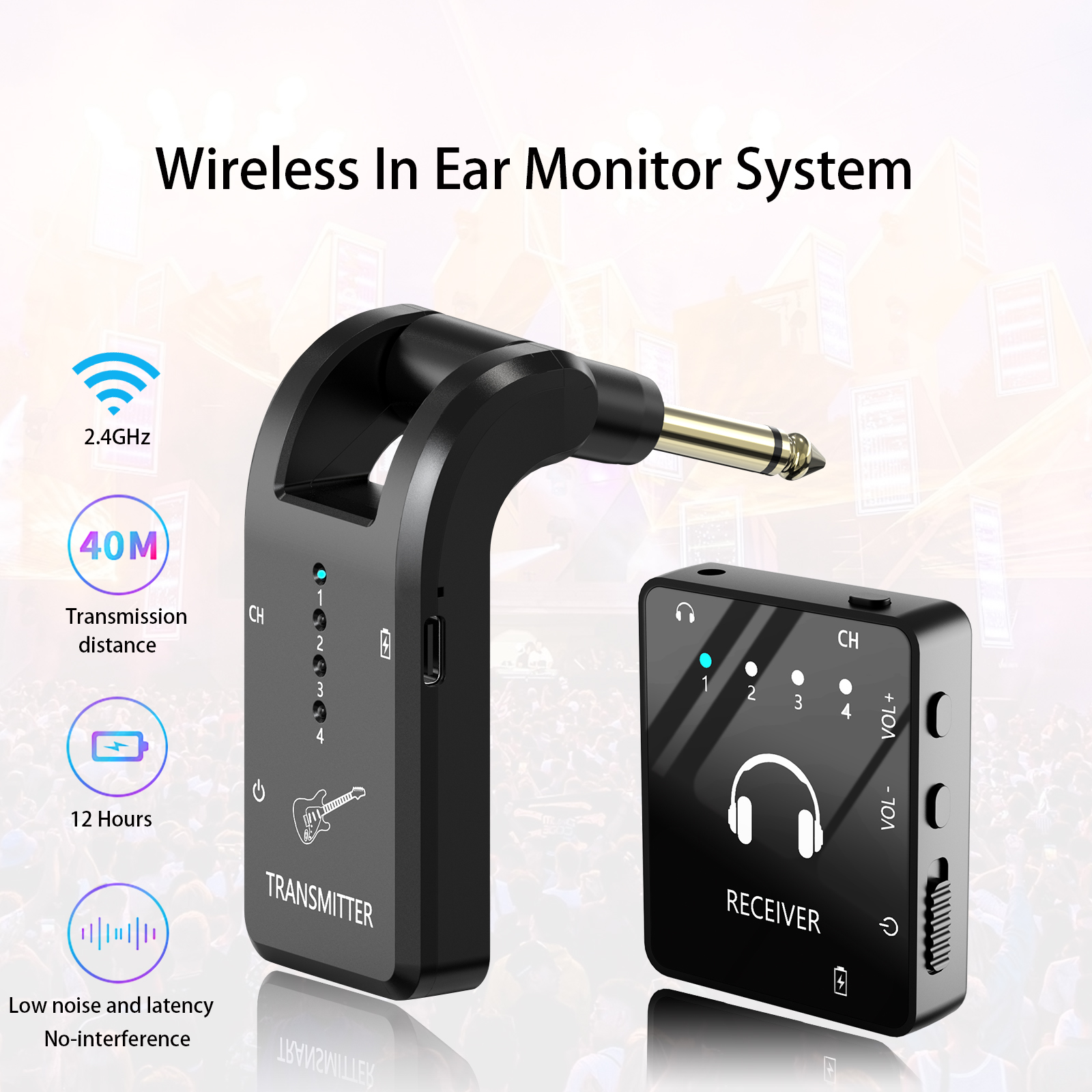 Draadloos in-ear monitoringsysteem, 2,4 GHz draadloos IEM-systeem met zender en lavalierontvanger, voor bandrepetitie