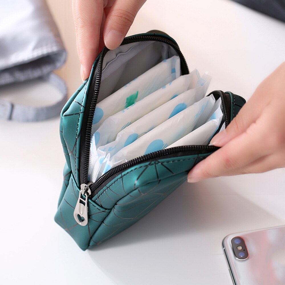 Portable Mini Storage Bag Multifunctional PU Leather Women Menstrual Rhombus Napkin Sanitary Organizer Masks Credit Card Bag
