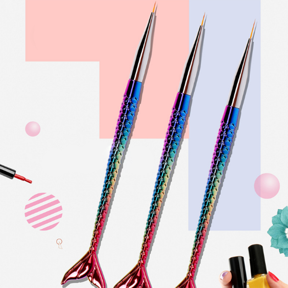 3pcs Mermaid Rainbow Fish Tail Brush Sculpture Dotting Tool DIY Nail Art Line Painting Liner Stripe Shape Drawing Manicure Pen