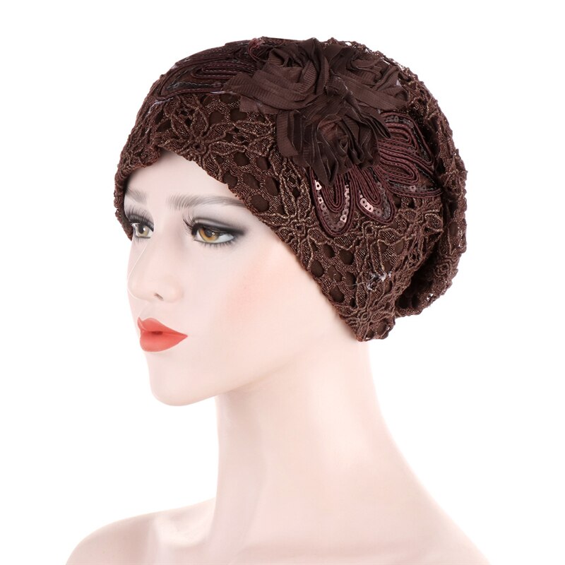 Gorro turbante de encaje Floral para mujer, gorros árabes musulmanes, gorros de quimio, gorros de flores, gorros con diamantes de imitación, gorro de oración: Color 3