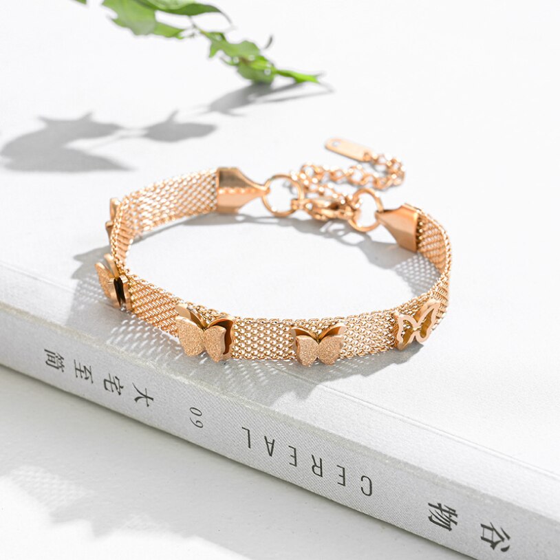 316L Roestvrij Staal Mode Fijne High-End Sieraden 2 Layer Lassen Matte 5 Vlinder Charm Mesh Chain Armbanden voor Vrouwen