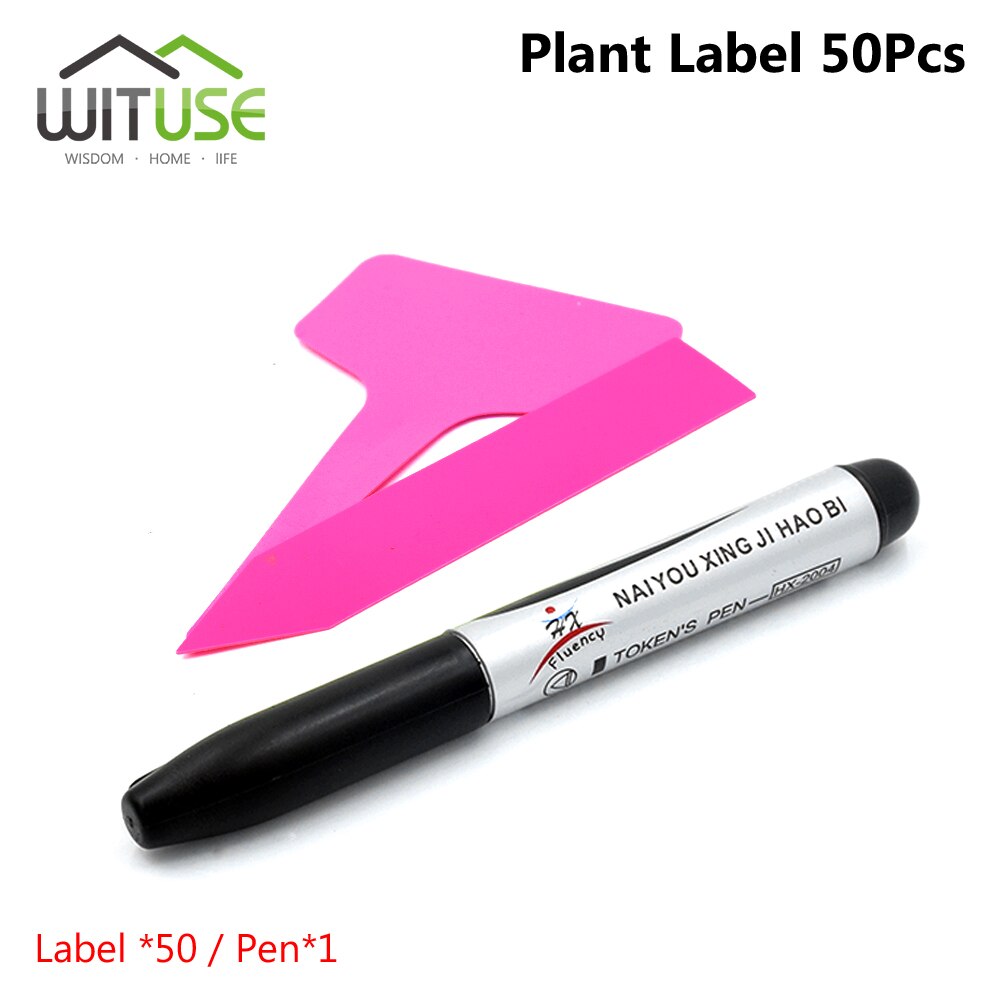 100 stk t-type + pind plast børnehave etiket holdbar og genanvendelig vandtæt haveplante etiket blomst tykt tagmærke med en pen: Lyserød