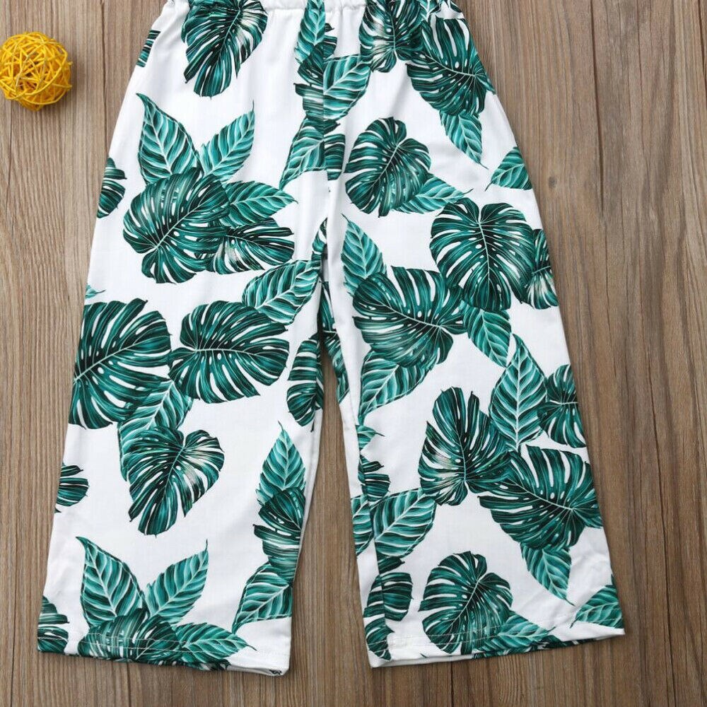 Peuter Kid Baby Meisje Zomer Off-Schouder Kleding Kind Bloem Groen Blad Afdrukken Jumpsuit Overalls Outfits