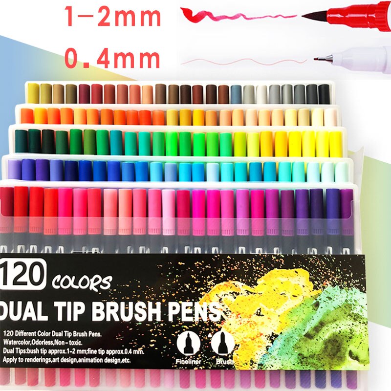 12/24/36/48/72/100/120 dobbeltspids vandfarve kunstmarkør, pensel highlighter pen til håndbogstaver skitsering note: 120 farver sort