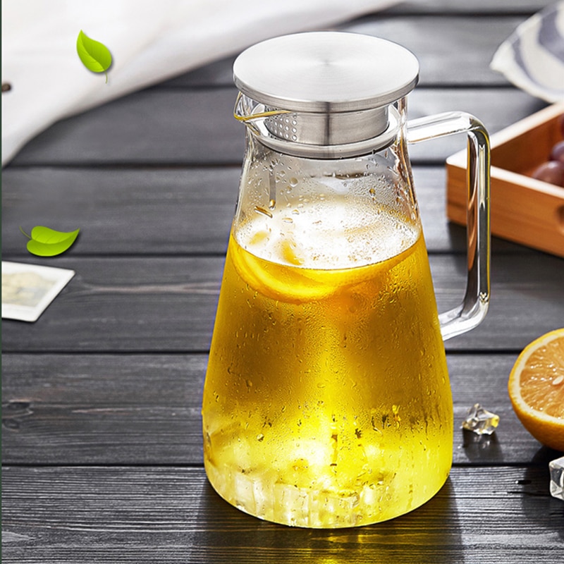 Homadise Glass Kettle Transparent Teapot Glass Water Pot Fruit Infuser Heat-esistant Stainless Steel Strainer Filter Juice Jug