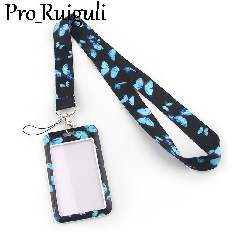 Blauw Monarch Vlinder Key Lanyard Auto Sleutelhanger Id-kaart Pass Gym Mobiele Telefoon Badge Kids Sleutelhanger Houder Sieraden Decoraties