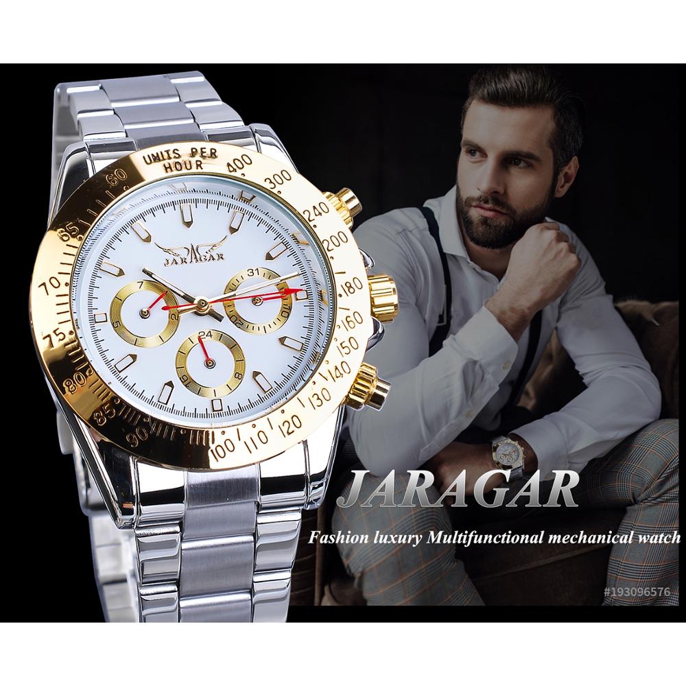 Jaragar Montre Homme Mens Watches Automatic Golden Stainless Steel Date Sports Mechanical Wristwatch Clock Relogio