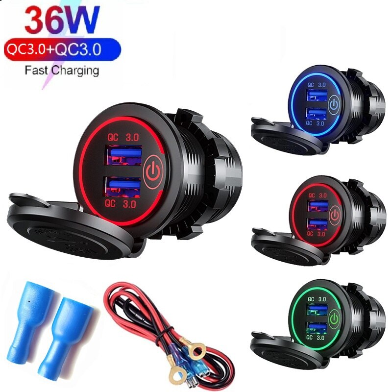 12v/24v 2 charger socket touch switch waterproof universal car truck 36w qc 3,0 plug for phone tablet camera gps