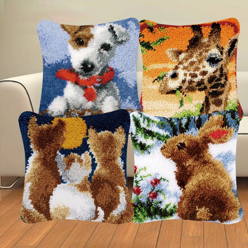 Serie de animales de dibujos animados hechos a mano, punto de cruz, almohada de punto de ganchillo DIY, alfombras bordadas de lana gruesa, Material de almohada sin terminar