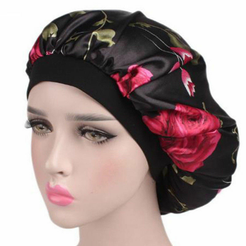 Kvinder satin solid sovehat blød silke satin nat hår hue hat silke komfortabelt hovedbetræk bred elastik hårtab: 02