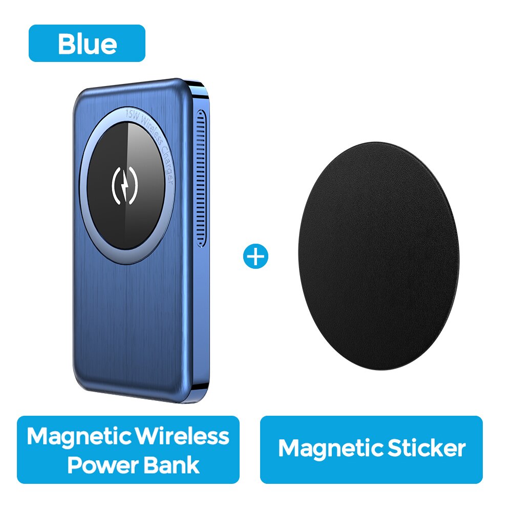 YKZ Magnetic Power Bank PD 20W Fast Charging 10000mAh 15W Wilreles Powerbank External Battery For iPhone12 Pro Max Samsung S21: Blue Magnet Sticker