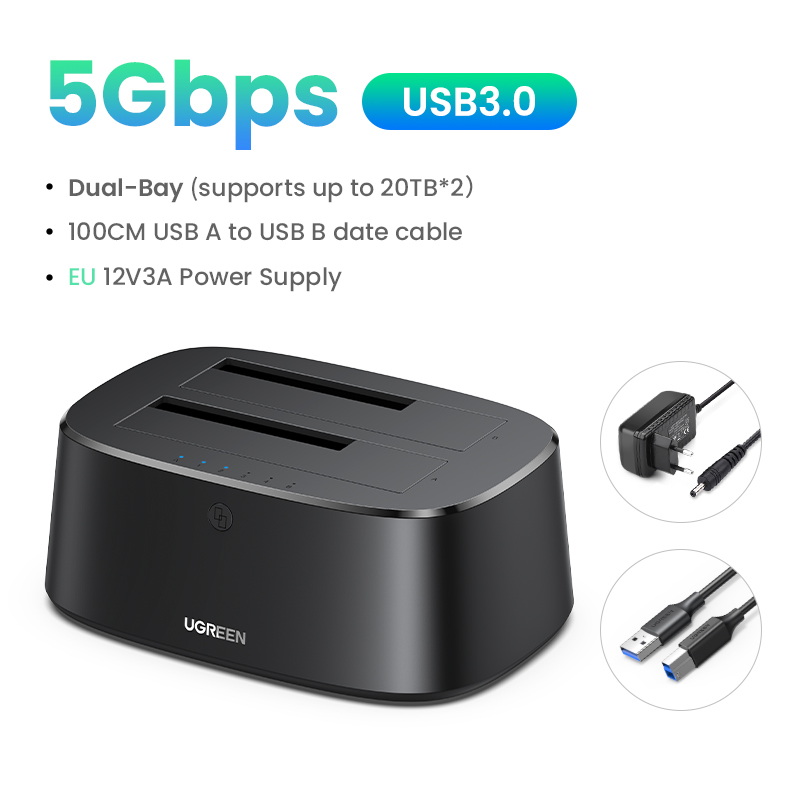 UGREEN Dual Bay HDD Docking Station SATA to USB 3.0 Adapter for 2.5 3.5 SSD Disk Case Dock Hard Drive Enclosure Docking Station: Blue