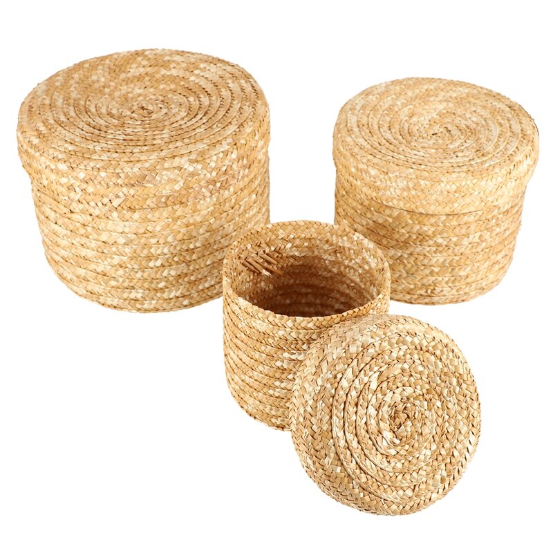 3 sztuk/zestaw ręcznie słomy pleciony koszyk z pokrywką przekąska organizator schowek kosze na pranie pojemnik ratanowy kosz na kwiaty