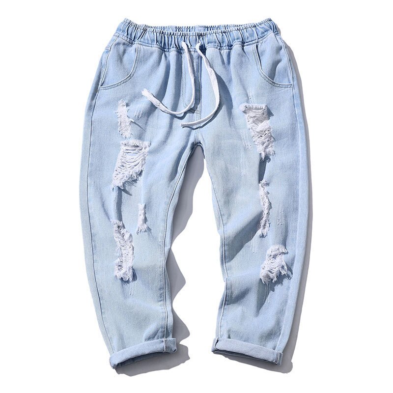 Licht Gekleurde Denim Broek Mannen Zomer Dunne Trend Casual Broek Student Plus Size 5XL Losse Gat harembroek